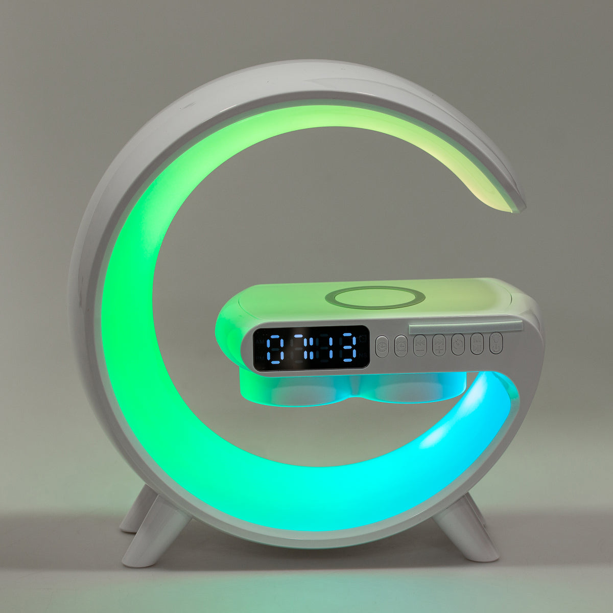 Портативна колонка c RGB-підсвічуванням BT/TF/Wireless Charger/USB/FM/AUX/Clock 15 Вт, біла