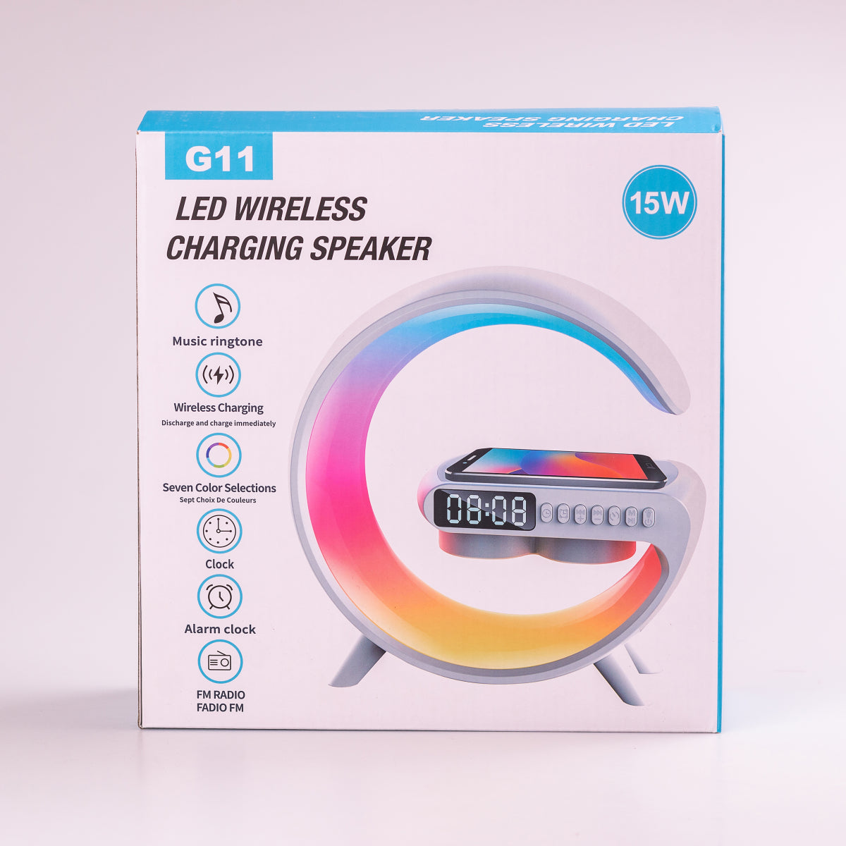 Портативна колонка c RGB-підсвічуванням BT/TF/Wireless Charger/USB/FM/AUX/Clock 15 Вт, біла
