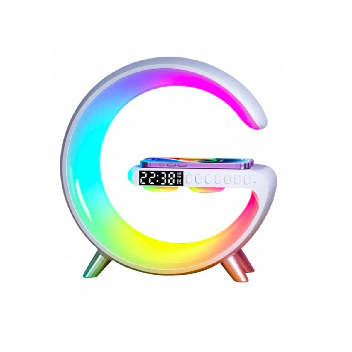 Портативна колонка c RGB-підсвічуванням BT/TF/Wireless Charger/USB/FM/AUX/Clock 15 Вт, біла