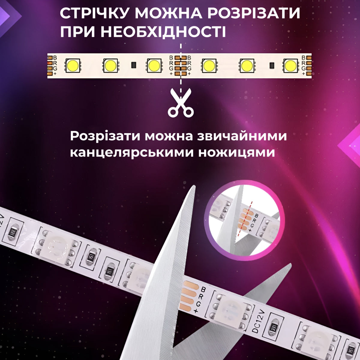 Світлодіодна стрічка 5050 RGB довжиною 5 метрів з пультом, мультиколор