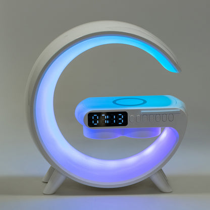 Портативна колонка c RGB-підсвічуванням BT/TF/Wireless Charger/USB/FM/AUX/Clock 15 Вт, біла