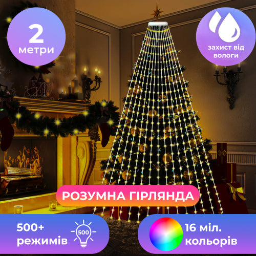 Розумна гірлянда Smart 200 LED довжина 2 м з керуванням зі смартфона прозора, мультиколор