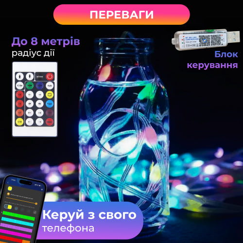 Розумна гірлянда Smart 200 LED довжина 2 м з керуванням зі смартфона прозора, мультиколор