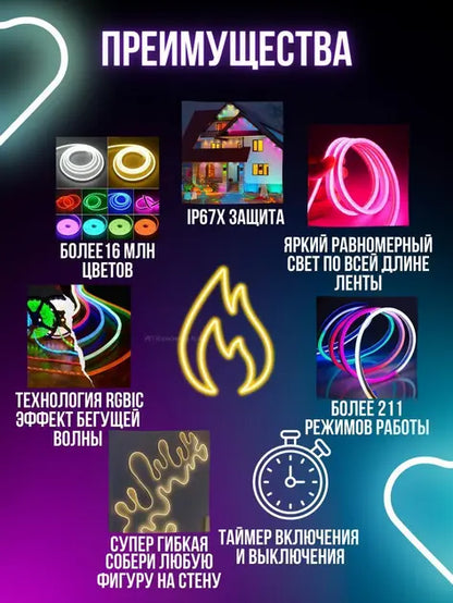 Розумний RGB смарт неон 2 м управління з телефону та пульта Smart LED Neon